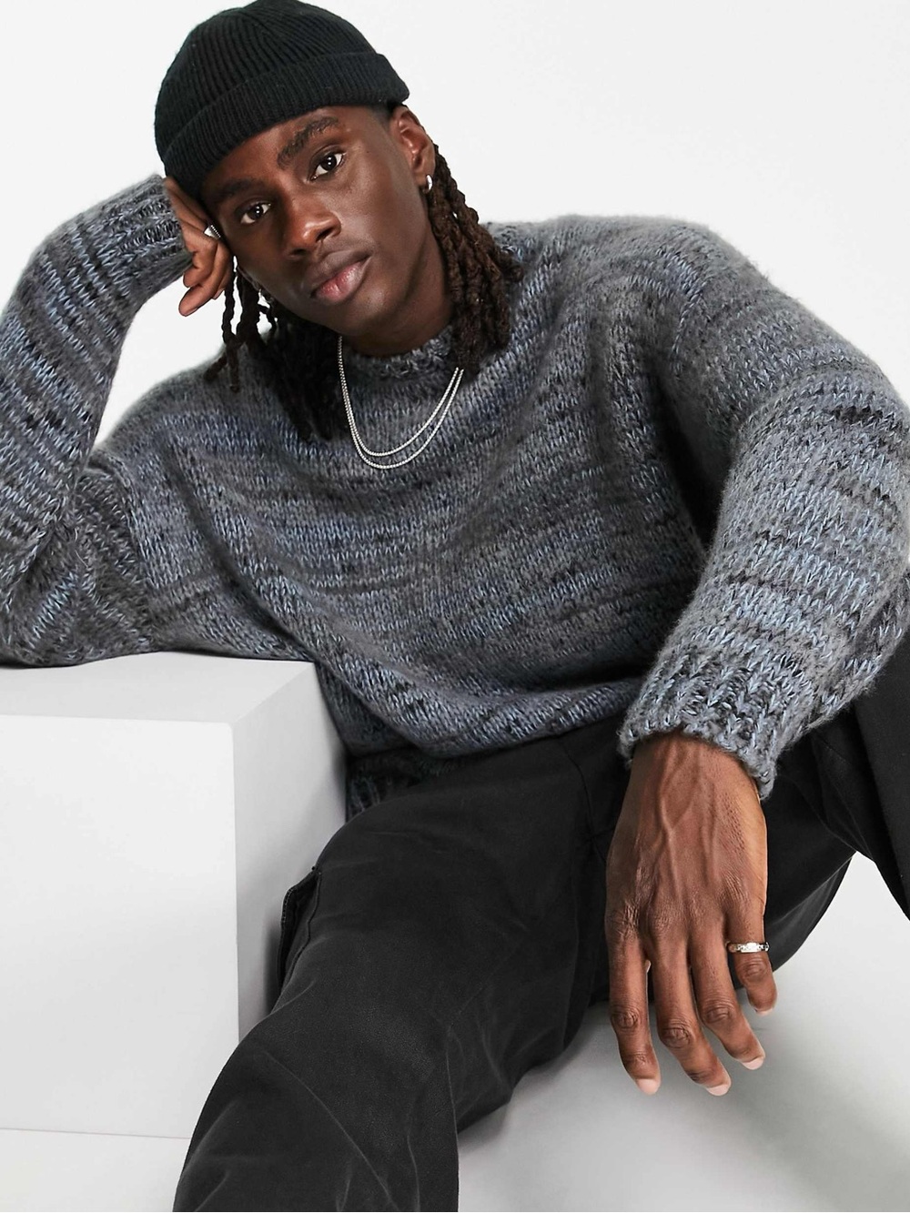 ASOS DESIGN Men’s Oversized Knitted Fluffy Stripe Jumper in Multi Tone L